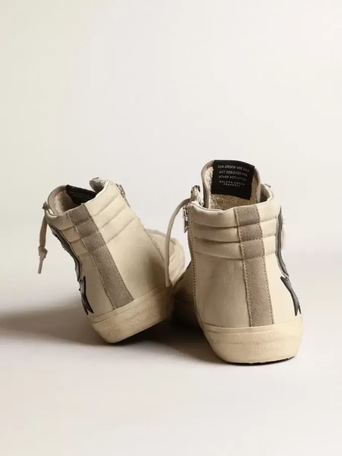 Slide in beige mesh en nylon met blauwe leren ster en flash