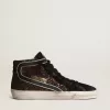Slide in bruin glitter met zwarte leren ster en flash