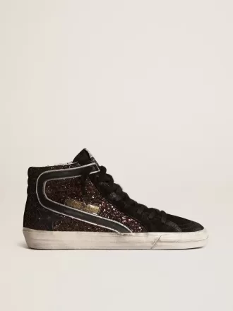 Slide in bruin glitter met zwarte leren ster en flash