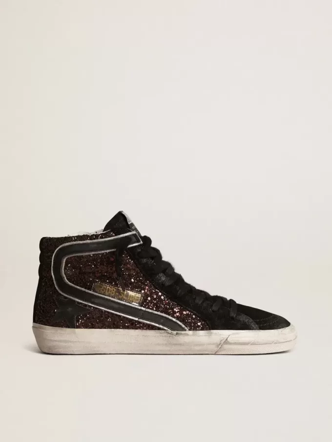 Slide in bruin glitter met zwarte leren ster en flash