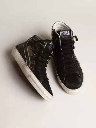 Slide in bruin glitter met zwarte leren ster en flash