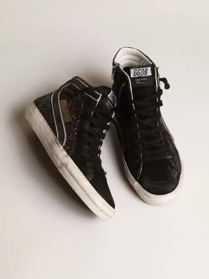 Slide in bruin glitter met zwarte leren ster en flash