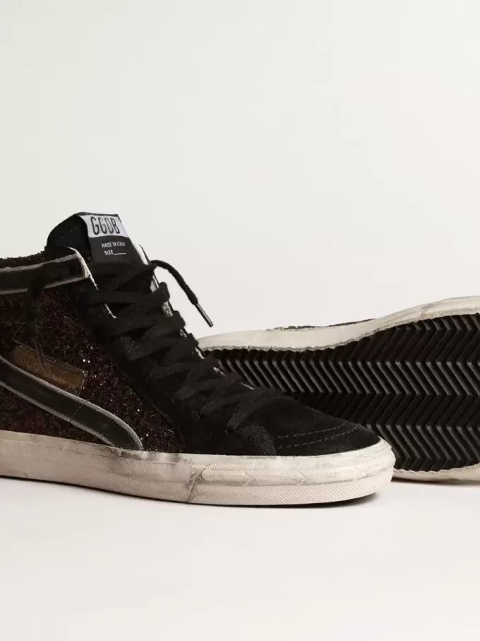 Slide in bruin glitter met zwarte leren ster en flash