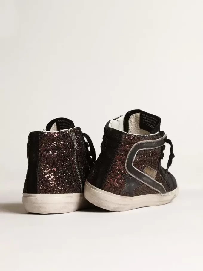 Slide in bruin glitter met zwarte leren ster en flash