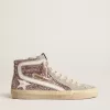 Slide in lila glitter met witte leren ster en flash