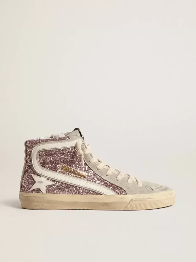 Slide in lila glitter met witte leren ster en flash