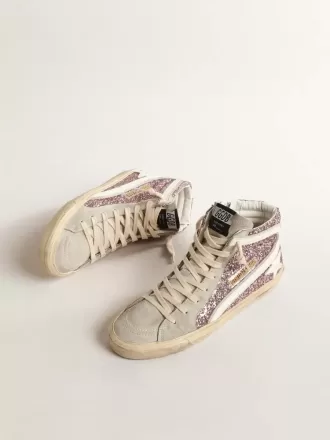 Slide in lila glitter met witte leren ster en flash