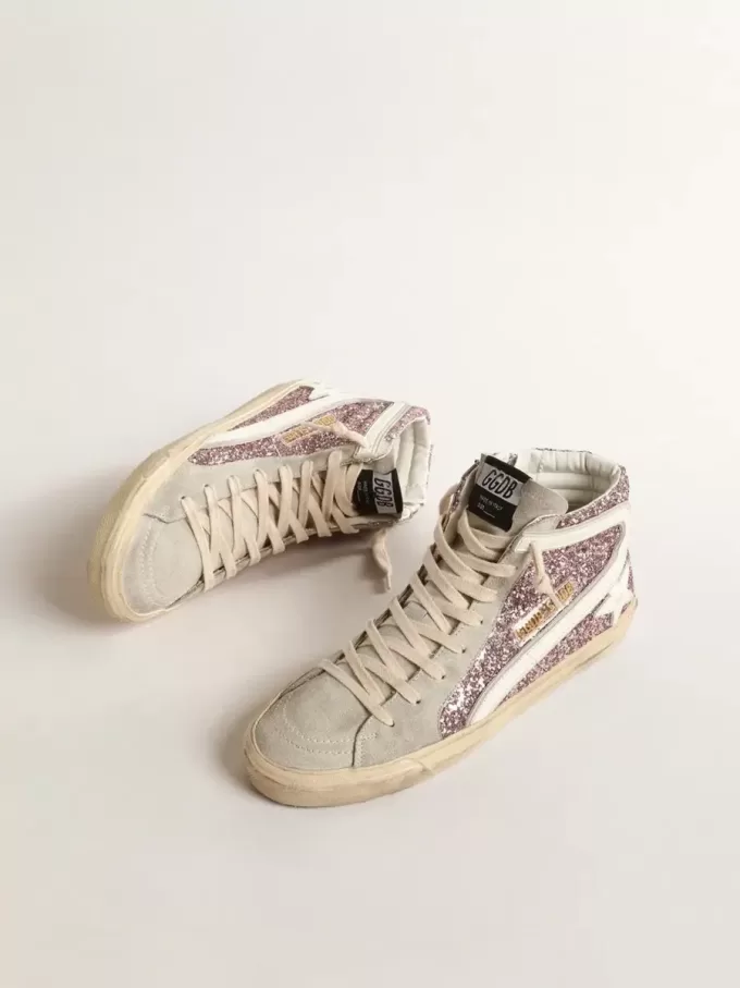 Slide in lila glitter met witte leren ster en flash