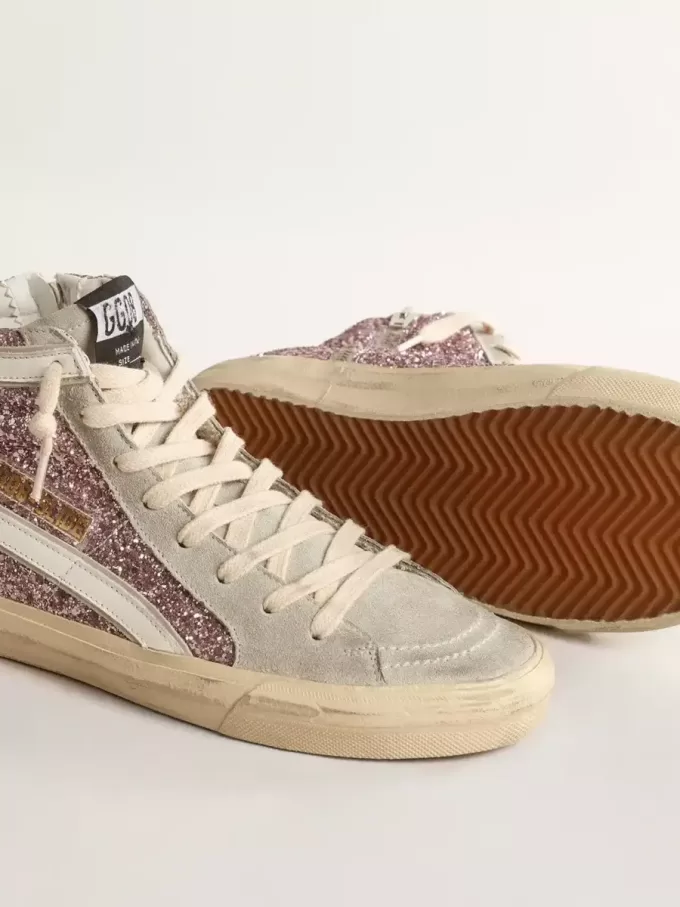 Slide in lila glitter met witte leren ster en flash