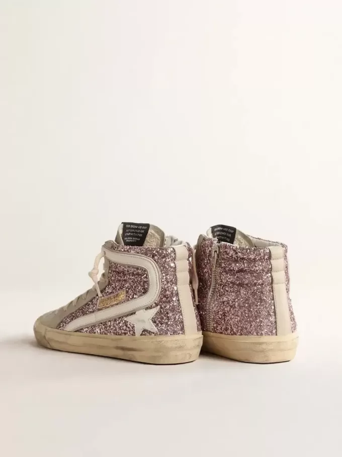 Slide in lila glitter met witte leren ster en flash