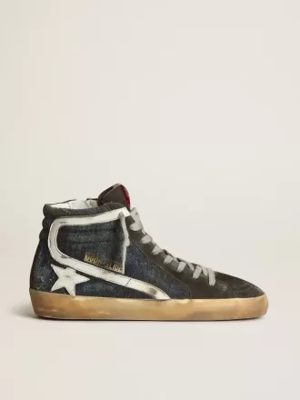 Slide in middernachtblauw denim met witte leren ster