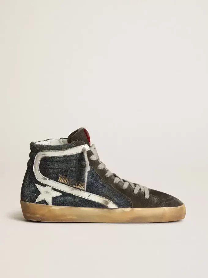 Slide in middernachtblauw denim met witte leren ster