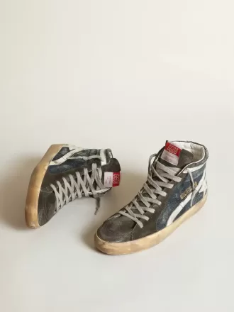 Slide in middernachtblauw denim met witte leren ster