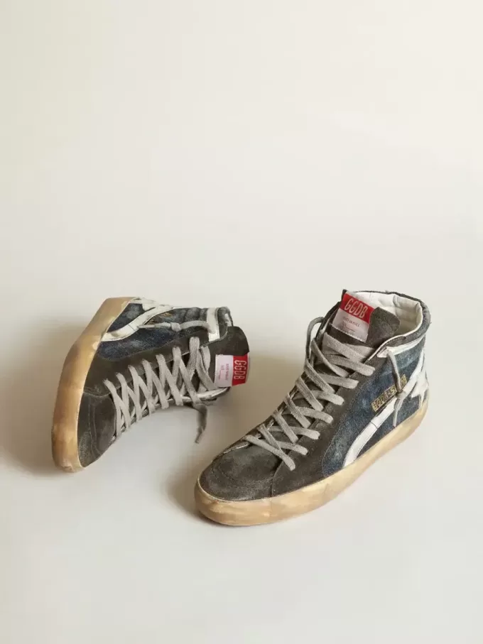 Slide in middernachtblauw denim met witte leren ster