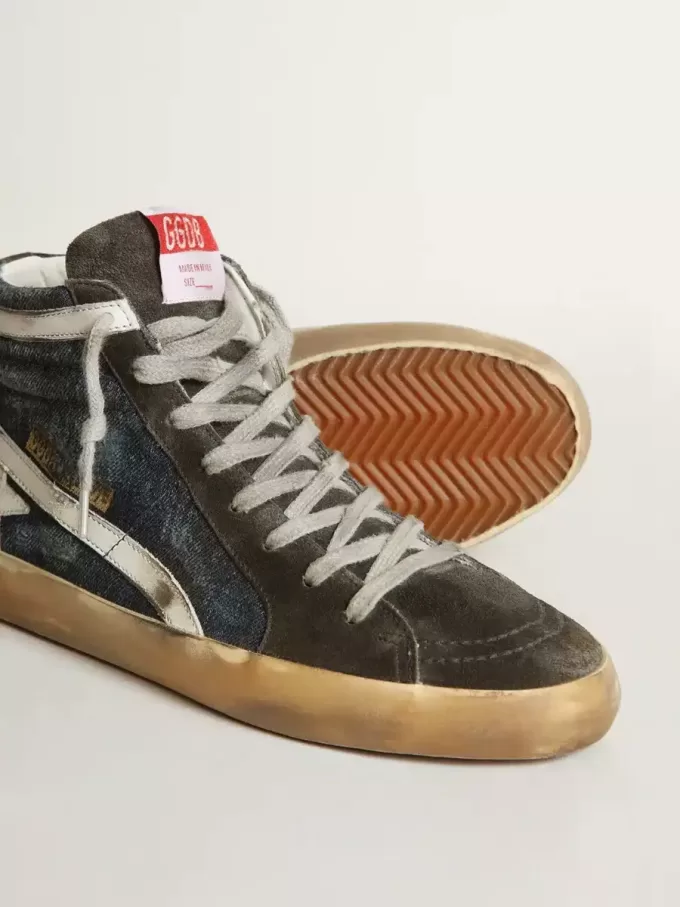 Slide in middernachtblauw denim met witte leren ster