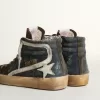 Slide in middernachtblauw denim met witte leren ster