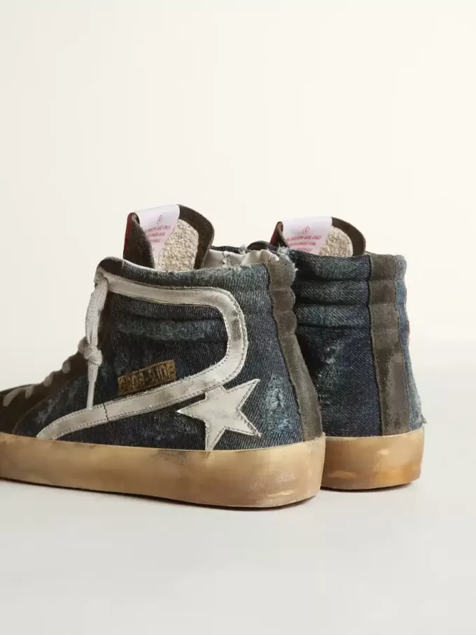 Slide in middernachtblauw denim met witte leren ster