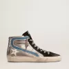 Slide in zilverkleurig metallic leer met witte leren ster