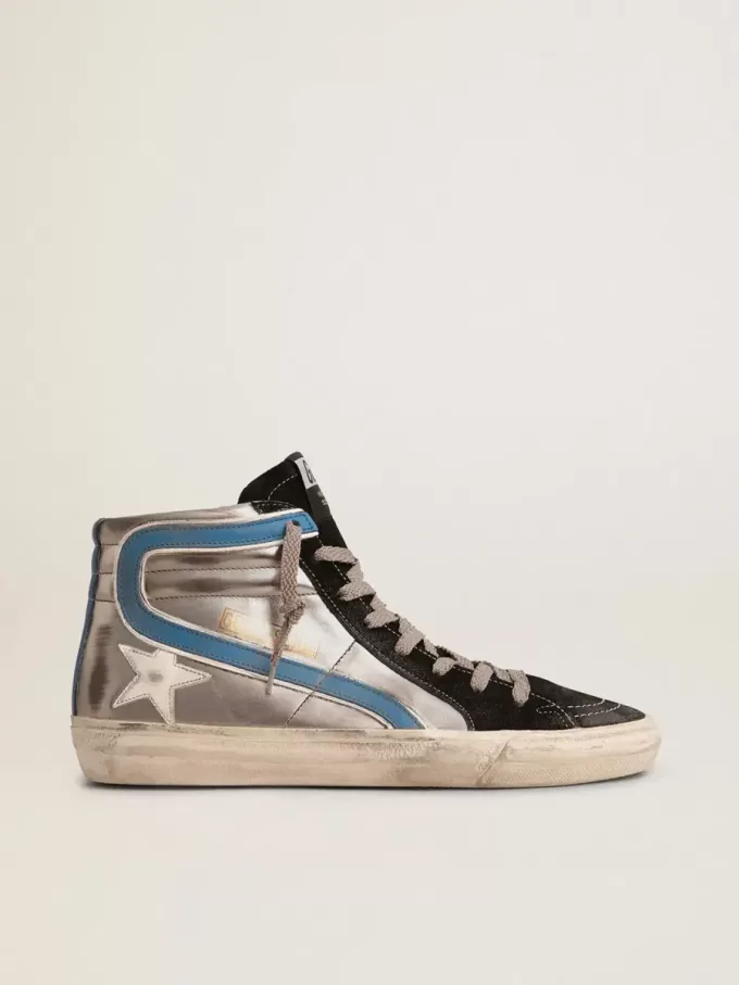 Slide in zilverkleurig metallic leer met witte leren ster
