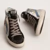 Slide in zilverkleurig metallic leer met witte leren ster