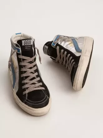 Slide in zilverkleurig metallic leer met witte leren ster