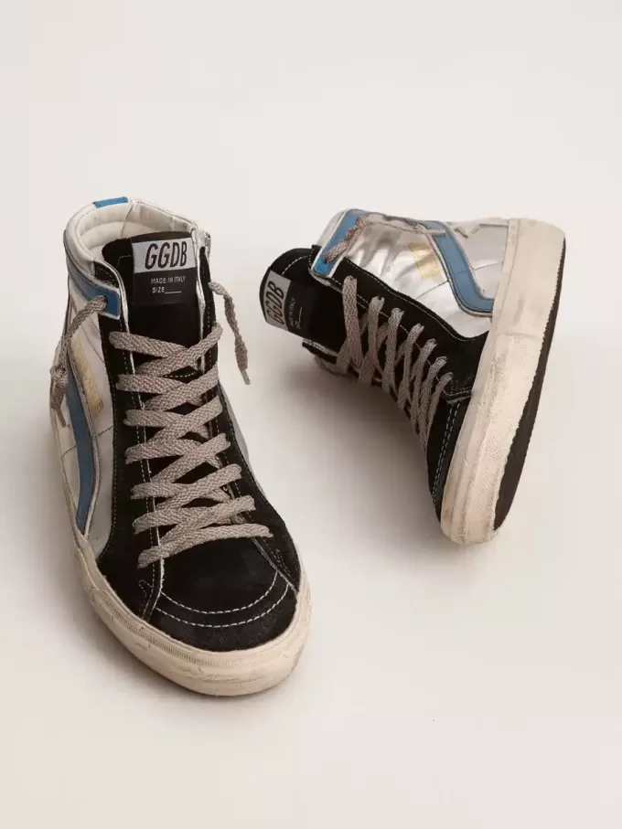 Slide in zilverkleurig metallic leer met witte leren ster