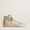 Slide van ivoorkleurig nylon met witte leren ster en zilveren Swarovski-kristallen tong