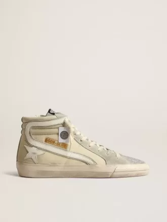 Slide van ivoorkleurig nylon met witte leren ster en zilveren Swarovski-kristallen tong
