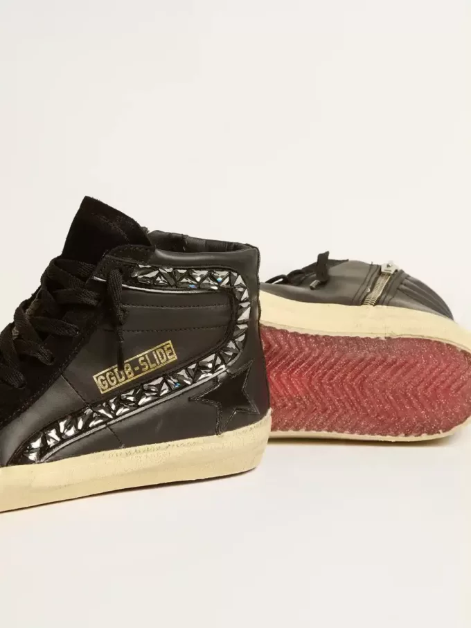 Slide van leer met zwarte ster en Swarovski-kristallen