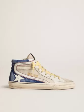 Slide van parelmoer canvas en blauw suède met witte leren ster en flash