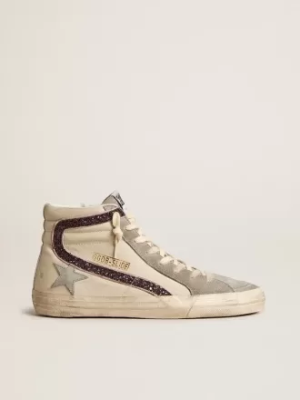 Slipper met grijze leren ster en wijnrode glitteraccenten