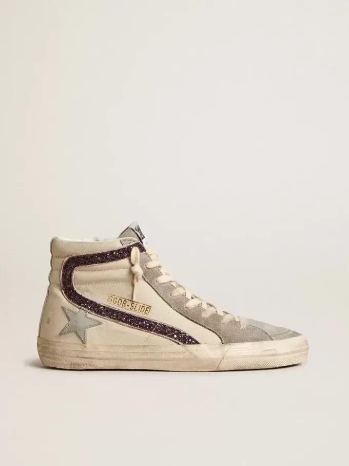 Slipper met grijze leren ster en wijnrode glitteraccenten