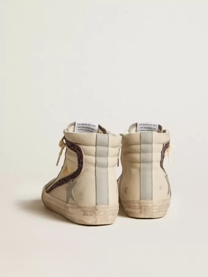 Slipper met grijze leren ster en wijnrode glitteraccenten