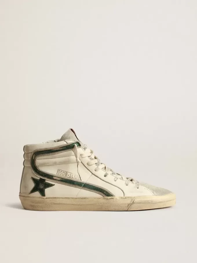 Slipper van beige nappa met groene gelamineerde leren ster en flash