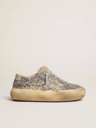 Space-Star damesschoenen in zilver glitter met schapenvachtvoering
