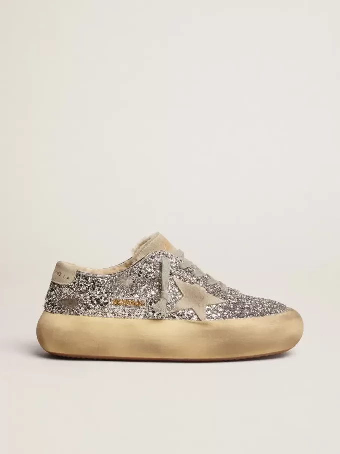 Space-Star damesschoenen in zilver glitter met schapenvachtvoering