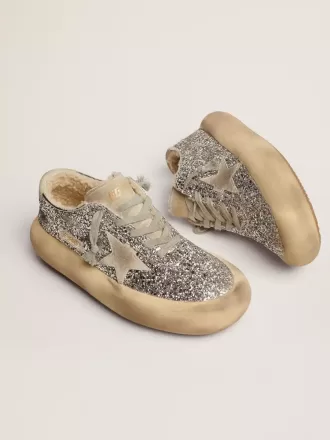 Space-Star damesschoenen in zilver glitter met schapenvachtvoering