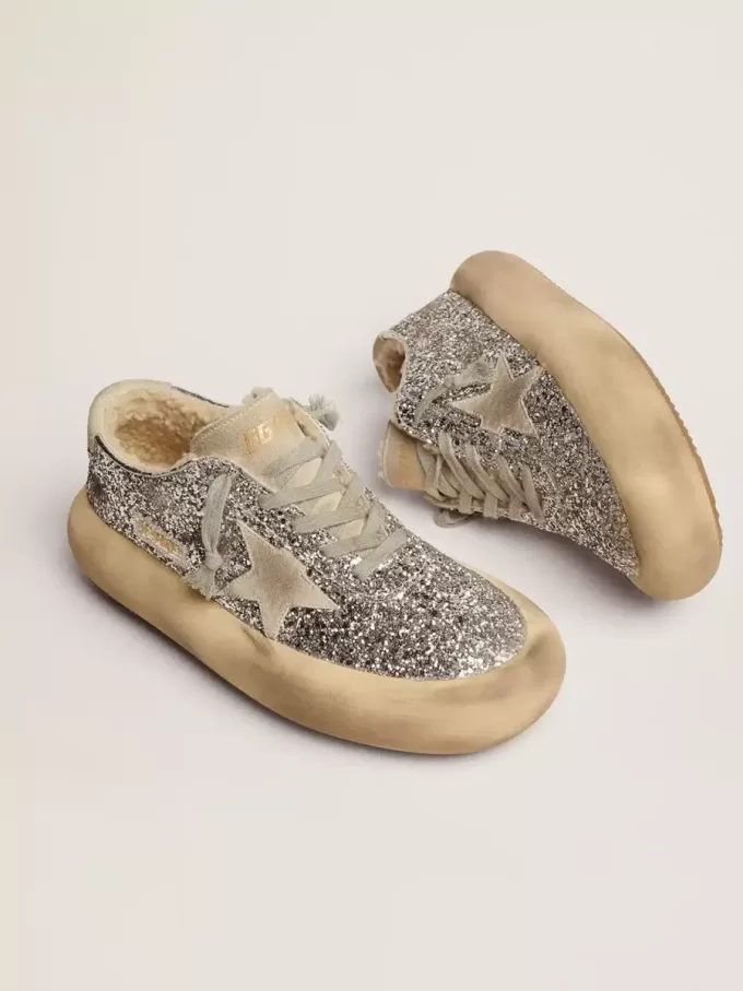 Space-Star damesschoenen in zilver glitter met schapenvachtvoering