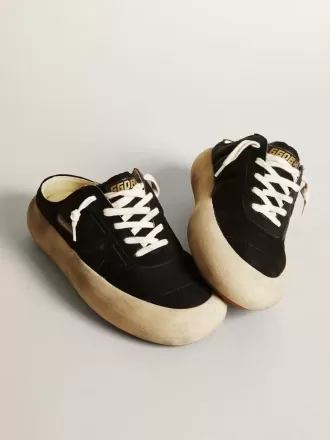 Space-Star Sabots voor dames van zwart nylon met zwarte leren ster