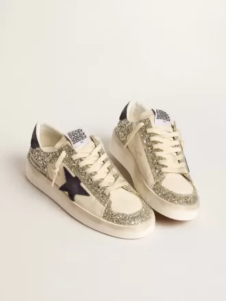 Stardan voor dames in platina glitter met donkerblauwe suède ster en hielbandje