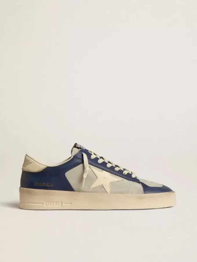 Stardan voor heren in grijs en blauw leer met crèmekleurige ster en hielstuk