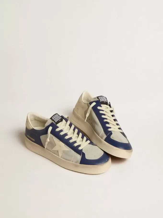 Stardan voor heren in grijs en blauw leer met crèmekleurige ster en hielstuk