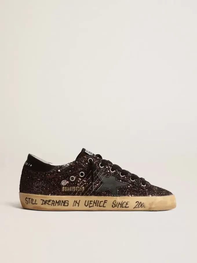 Super-Star in bruine glitter met zwarte leren ster en hielbandje