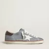 Super-Star LTD in lichtblauw nubuckleer met witte leren ster en bruine leren hielband.