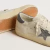 Super-Star LTD met crèmekleurige leren ster met Swarovski-kristallen en blauwe leren hielband met hagedisprint.