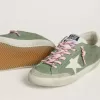 Super-Star LTD voor dames in groen nubuck met witte leren ster en hielstuk.