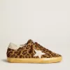 Super-Star LTD voor dames in ponyhuid met luipaardprint, met leren ster en hiellip.