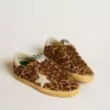 Super-Star LTD voor dames in ponyhuid met luipaardprint, met leren ster en hiellip.
