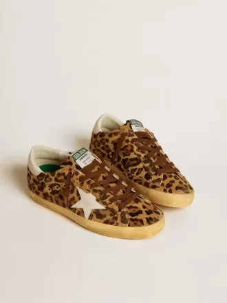 Super-Star LTD voor dames in ponyhuid met luipaardprint, met leren ster en hiellip.