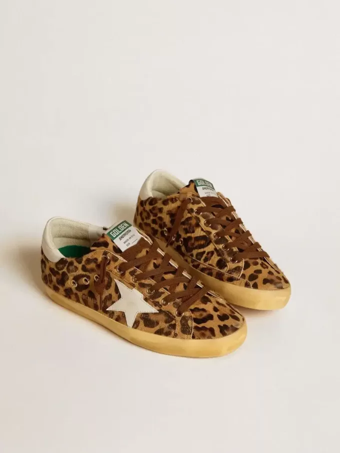 Super-Star LTD voor dames in ponyhuid met luipaardprint, met leren ster en hiellip.